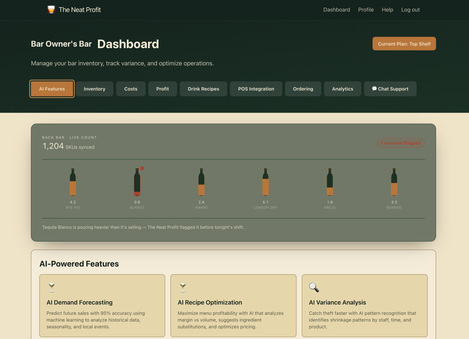 Spend Friend dashboard showing real-time bar inventory tracking, purchase history, and count logs
